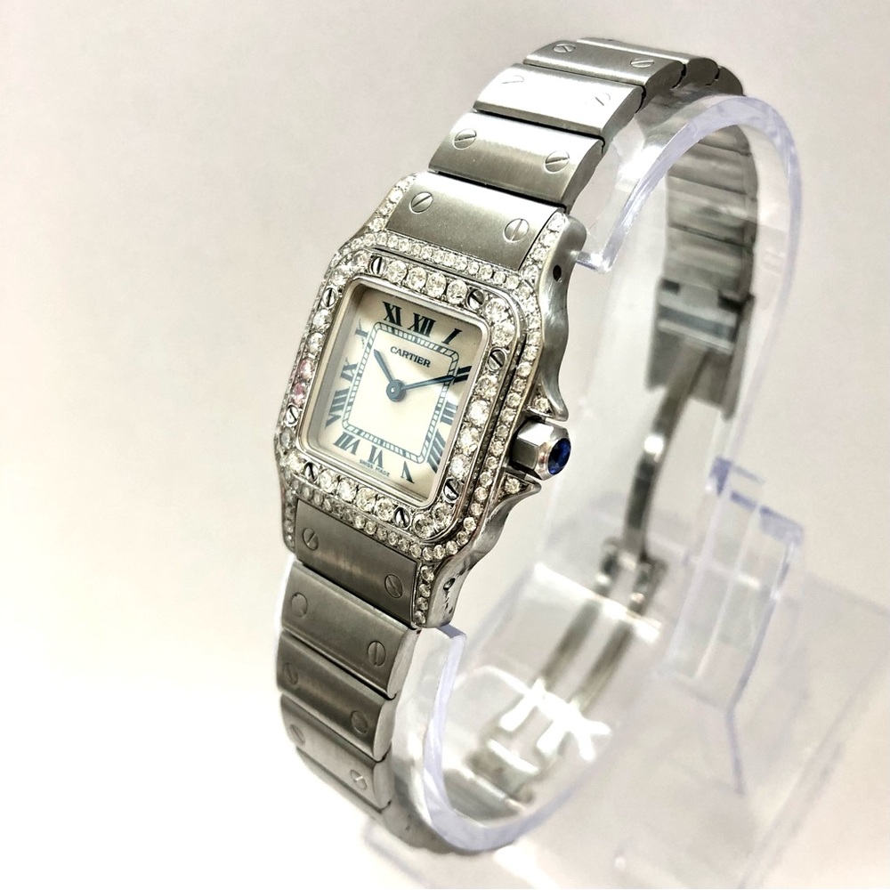 CARTIER SANTOS GALBEE 24mm Quartz Steel 1.09TCW Diamond Watch Blue Numerals - Picture 3 of 7
